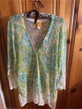 Ruby Rd. White Mesh Swim Cover-Up with Teal and Lime Floral Print
